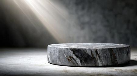 A stone pedestal is sitting in a room with a lot of light coming in. The stone is grey and has a circular shapeの素材