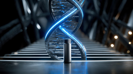 A bottle of perfume is placed on a staircase with a blue spiral. The bottle is surrounded by a blue light, giving the impression of a futuristic setting. Concept of elegance and sophisticationの素材