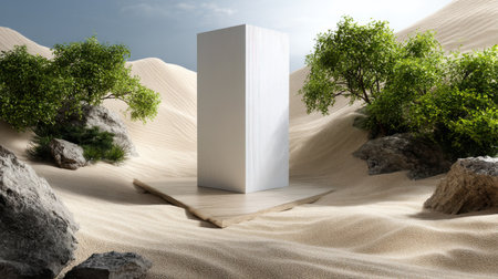 A white building is in the middle of a desert with trees in the background. The scene is peaceful and serene, with the white building standing out against the natural landscapeの素材