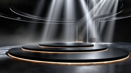 A stage with a spotlight on it. The stage is empty and the lights are on. Scene is dramatic and intenseの素材