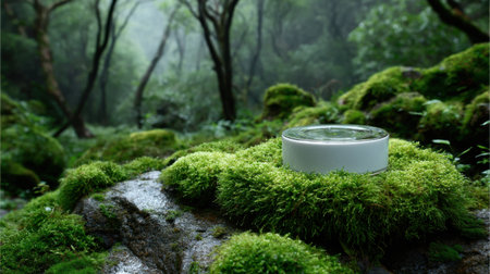 A white object is sitting on a mossy rock in a forest. The object is surrounded by green moss and he is a small container. Concept of tranquility and natural beauty, as the moss-covered rockの素材