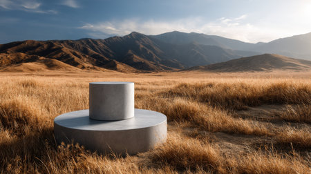 A large, empty, round stone structure sits in a field of tall grass. The scene is desolate and barren, with no signs of life or activity. The stone structure seems to be a monument or a markerの素材
