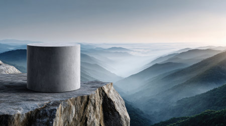 A large mountain range with a small white stone on top of it. The stone is a cube and is placed on a rocky cliff. The mountain range is covered in fog, giving the scene a mysteriousの素材