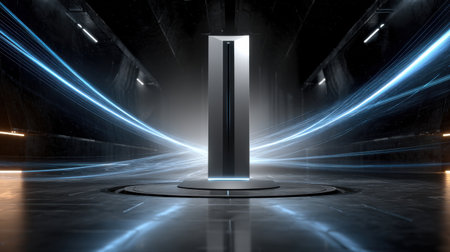 A large, silver object is in the center of a room with blue and white lights. The room is empty and the object is the only thing visibleの素材