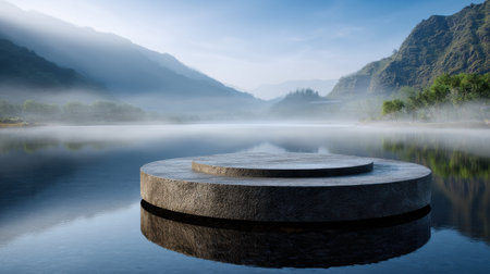 A large, round stone is sitting in the middle of a lake. The stone is surrounded by a calm, still body of water. The scene is serene and peacefulの素材