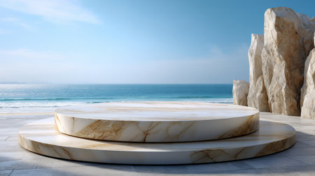 A large, round stone platform sits on the beach, overlooking the ocean. The platform is empty, with no one on it, and the ocean is calm and peaceful. Concept of tranquility and relaxationの素材