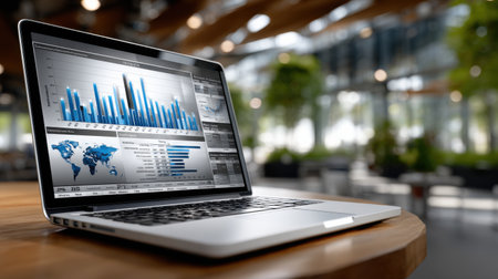 A laptop displaying a graph of data with a city skyline in the background. The laptop is on a wooden table in a room with a green plant in the foregroundの素材