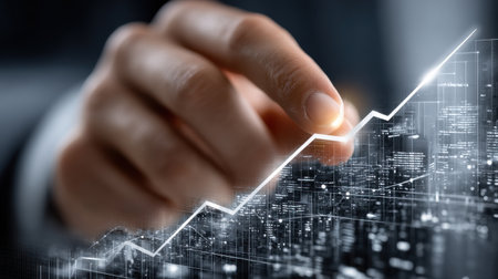 A hand is reaching up to a graph that shows a line going up. The graph is filled with numbers and he is a representation of a stock market. Scene is one of excitement and anticipationの素材