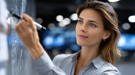 A woman is writing on a whiteboard with a marker. She is smiling and she is enjoying herself. Concept of positivity and productivity, as the woman is actively engaged in a taskの素材