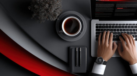 A man is typing on a laptop with a cup of coffee on the table. The coffee cup is placed on a coaster, and the laptop is open to a document. Concept of productivity and focusの素材