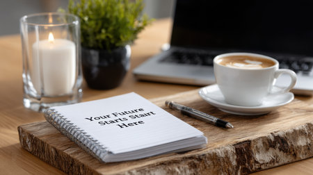 A notebook with the words "Your future starts here" written on it. A cup of coffee is on a wooden table next to the notebookの素材