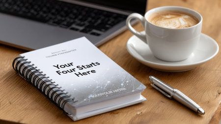 A notebook with the words "Your Starts Here" written on it sits on a table next to a cup of coffeeの素材