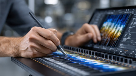 A man is using a pen to write on a computer keyboard. Concept of creativity and focus, as the man is likely working on a project or composing musicの素材