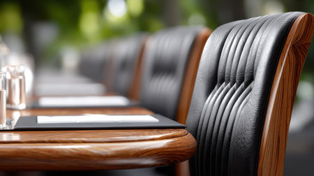 A wooden table with a black leather chair at the center. The chair is empty and the table is covered with a white paperの素材