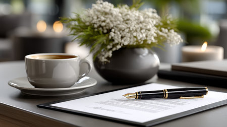A cup of coffee sits on a table next to a pen and a vase of flowers. Concept of relaxation and productivity, as the coffee and pen are often associated with work and writingの素材