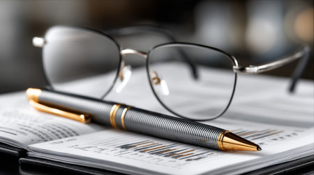 A pen and a pair of glasses are on top of a piece of paper. The pen is silver and the glasses are black. Concept of professionalism and focus, as the penの素材