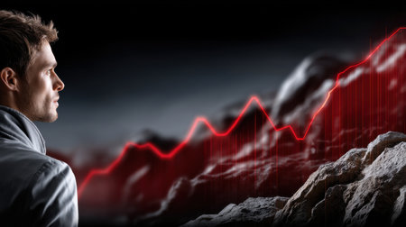 A man is looking at a graph with a downward trend. The graph is red and black, and the man is wearing a jacket. Concept of concern or worry about the downward trendの素材