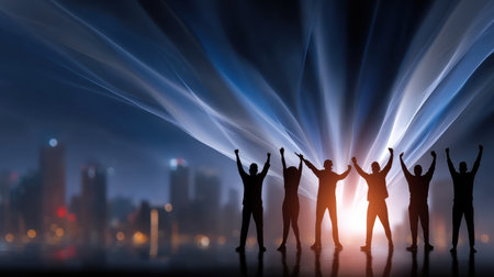A group of people are standing in a line, with their arms raised in the air. The image has a celebratory and uplifting mood, as if the people are celebrating a victory or accomplishmentの素材