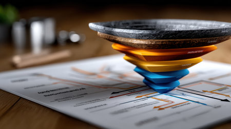 A stack of paper with a blue and yellow pyramid on top. The pyramid is on top of a piece of paper with a lot of lines and arrowsの素材