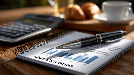 A pen is placed on a notebook with the word "Cut Excerpes" written on it. The notebook is open to a page with graphs and numbersの素材