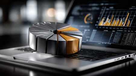 A laptop with a pie chart on it. The pie chart is divided into different sections, with one section being larger than the othersの素材