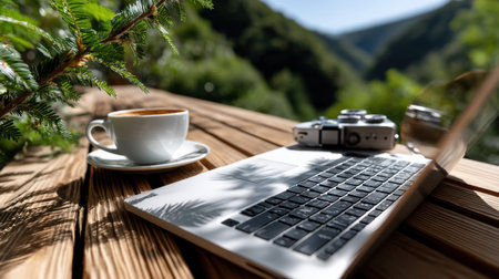 A laptop is open on a wooden table with a cup of coffee next to it. The laptop is on a sunny day, and the coffee cup is filled with coffee. Concept of relaxation and productivityの素材