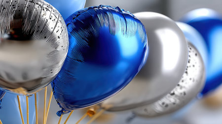A bunch of balloons with blue and silver colors. The balloons are arranged in a way that they look like they are floating in the air. Scene is light and cheerfulの素材