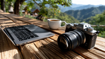 A camera sits on a wooden table next to a laptop and a cup of coffee. The scene suggests a moment of relaxation and creativityの素材