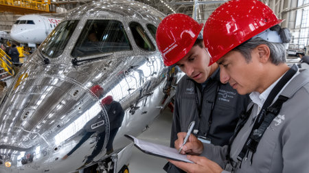 Two men are looking at a silver airplane. One of them is writing something in a notebook. Scene is serious and focusedの素材