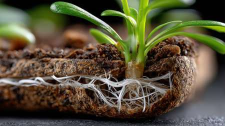 A plant is growing out of a piece of wood. The wood is brown and has a white root growing out of it. The plant is small and greenの素材