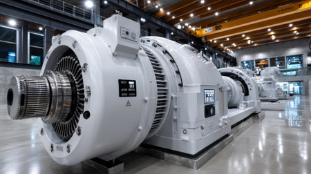 A large white machine with a black label on it. The machine is in a large room with many windowsの素材