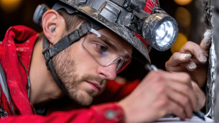 A man in a red shirt and helmet is writing with a pen. He is wearing safety goggles and a hard hatの素材