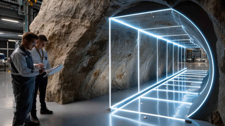 Two men are standing in front of a large rock wall. One of them is holding a piece of paperの素材