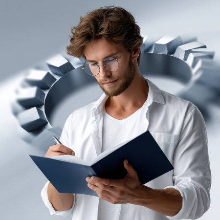 A man wearing glasses is writing in a blue book. The book is open to a page with a picture of a gear. The man is focused on his writing, possibly working on a project or taking notesの素材