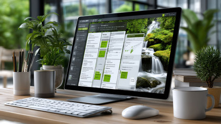 A computer monitor displays a waterfall and a green plant. The computer is on a desk with a keyboard and mouseの素材