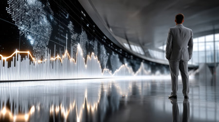 A man stands in front of a large screen with a map of the world and a series of graphsの素材