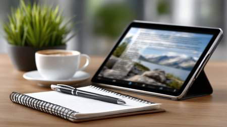 A tablet is on a table next to a notebook and a cup of coffee. The tablet is open to a page with a picture of mountains and a text message. The scene suggests a moment of relaxation and contemplationの素材