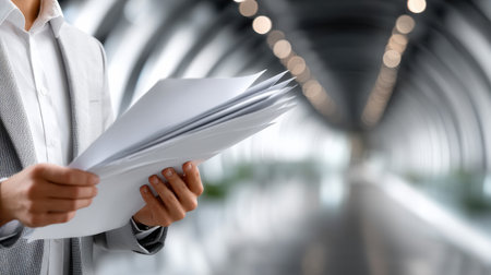 A man is holding a stack of papers in his hand. Concept of importance and focus, as the man is reading or reviewing the papers. The background of the image is a large, open spaceの素材