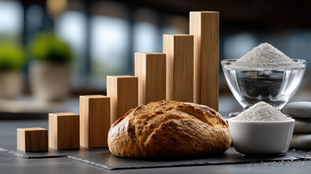 A loaf of bread sits on a table next to a bowl of salt and a stack of wooden blocks. The blocks are arranged in a series of steps, creating a visual representation of growth or progressの素材
