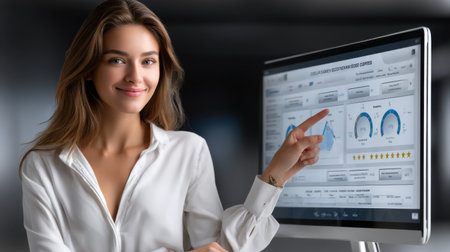A woman is pointing at a computer monitor displaying graphs and numbers. She is smiling and she is happyの素材