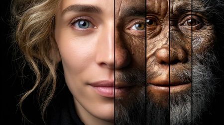 A woman's face is split into two, one side is a modern woman and the other side is a prehistoric manの素材