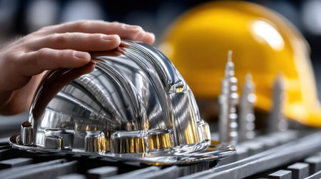 A person is touching a helmet that is on a table. The helmet is silver and has a yellow stripe. The person is wearing a white shirtの素材