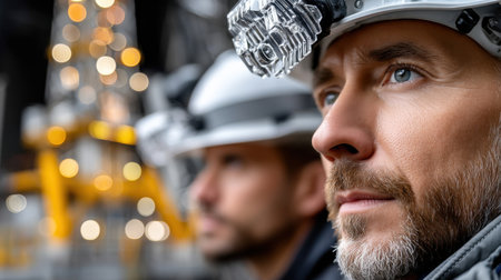 Three men wearing hard hats are standing in front of a yellow structure. The men are wearing reflective vests and are looking at the cameraの素材