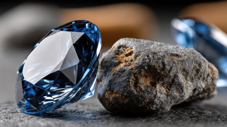 A blue diamond is on top of a rock. The rock is grey and has a rough texture. The diamond is shining brightly and is the center of attentionの素材
