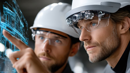 Two men wearing safety goggles and helmets are looking at a computer screen with a blue and white designの素材