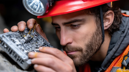 A man in a red helmet is looking at a small electronic device. He is wearing a safety vest and a hard hatの素材