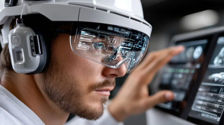 A man wearing a white helmet and goggles is looking at a computer screen. He is wearing a hard hat and he is working in a construction or industrial settingの素材