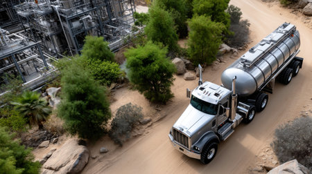 A large semi truck is driving down a dirt road near a large industrial plant. The truck is carrying a large tank of liquid, and the scene gives off a sense of industrial activity and transportationの素材