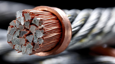 A wire with a silver and red core. The wire is twisted and has a lot of metal on itの素材