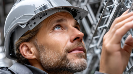 A man wearing a hard hat is looking up at something. He is wearing a gray shirt and gray pantsの素材